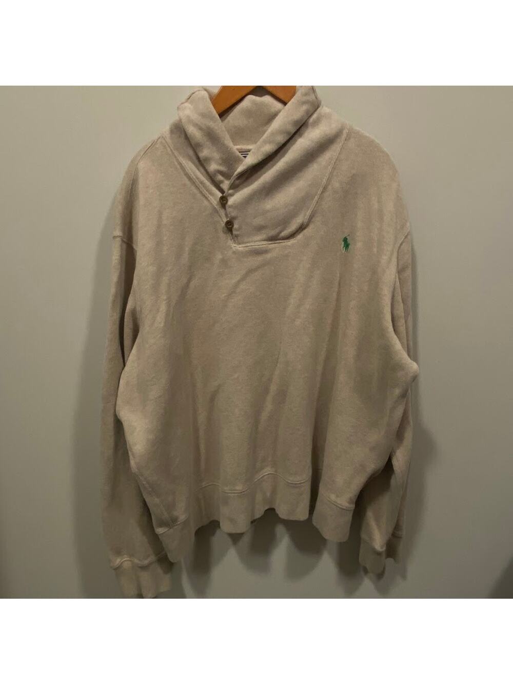 Men's Polo Ralph Lauren Shawl Collar XXL 100% Cotton Khaki Oatmeal Knit Sweater